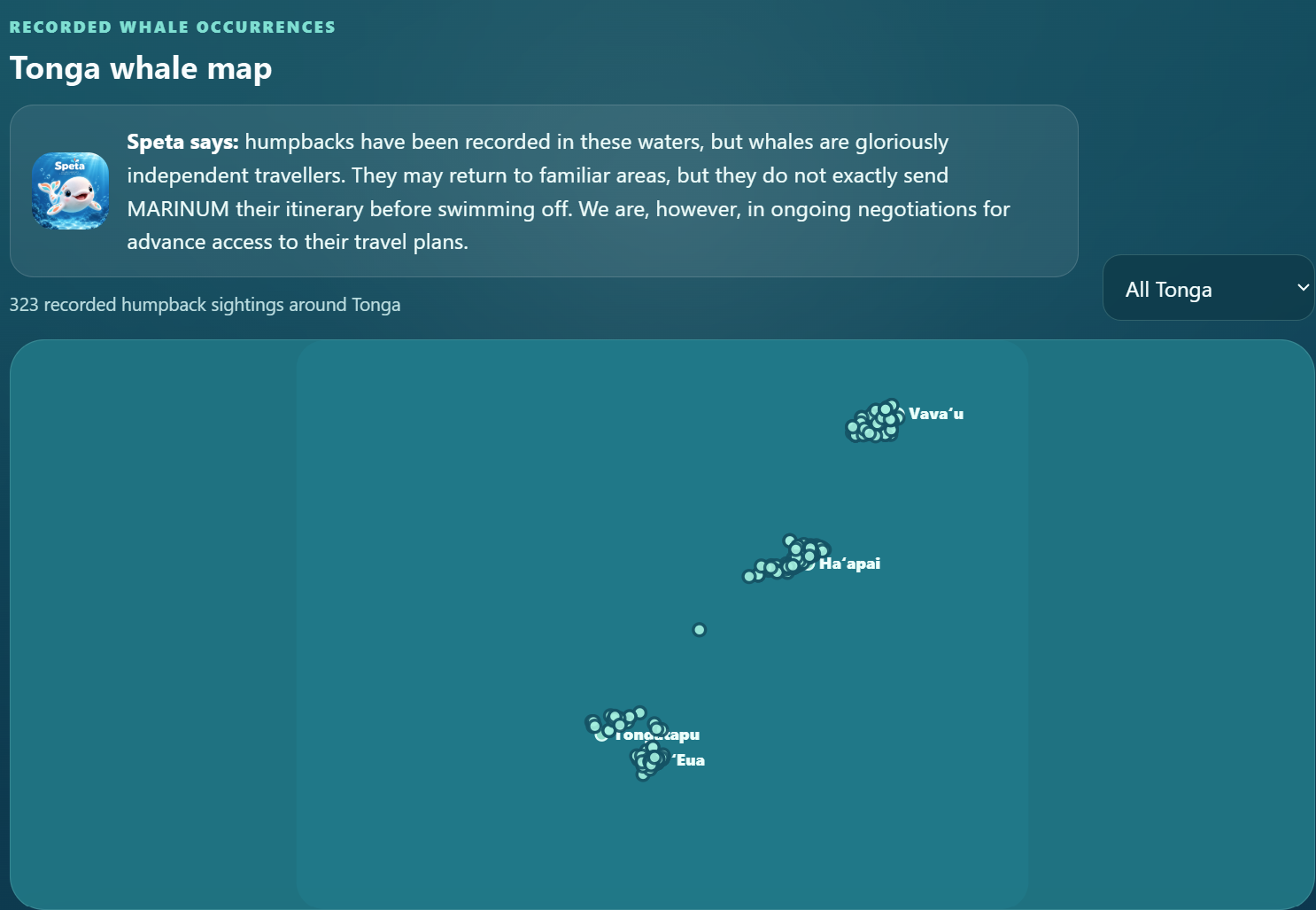 MARINUM recorded whale occurrence map for Tonga